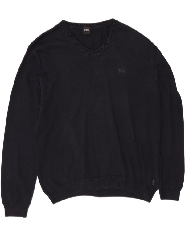 HUGO BOSS Mens V-Neck Jumper Sweater XL Navy Blue Cotton