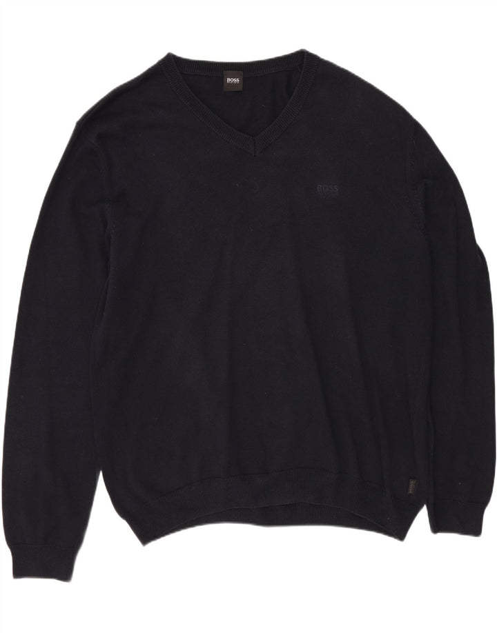 HUGO BOSS Mens V-Neck Jumper Sweater XL Navy Blue Cotton
