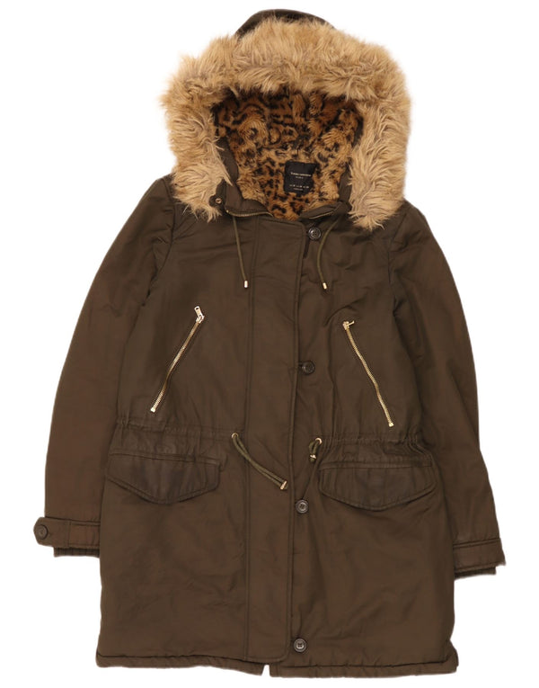 Zara Womens Hooded Sherpa Parka Jacket UK 14 Medium Khaki
