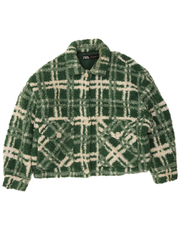 Zara Womens Oversized Fleece Jacket UK 14 Large Green Check Polyester