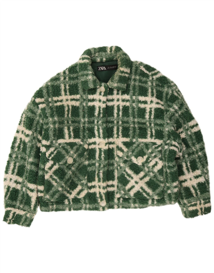Zara Womens Oversized Fleece Jacket UK 14 Large Green Check Polyester
