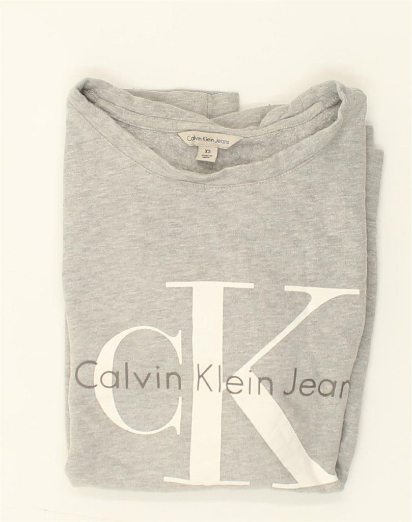 CALVIN KLEIN Womens Graphic Sweatshirt Jumper UK 6 XS Grey Cotton | Vintage Calvin Klein | Thrift | Second-Hand Calvin Klein | Used Clothing | Messina Hembry 