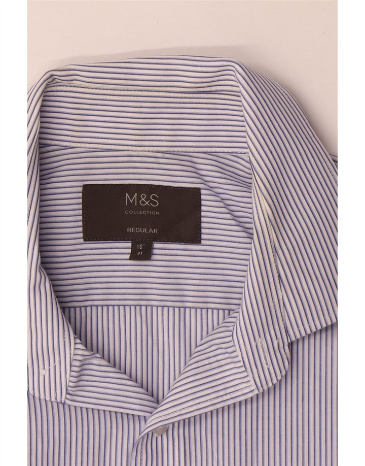MARKS & SPENCER Mens Short Sleeve Shirt Size 41 16 Large Blue Pinstripe