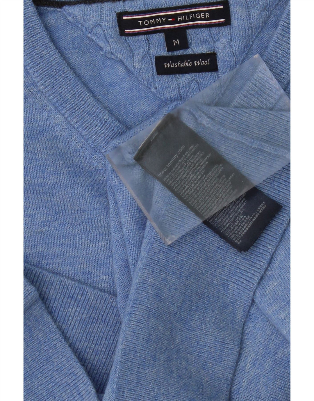 TOMMY HILFIGER Mens V-Neck Jumper Sweater Medium Blue Lambswool Vintage Tommy Hilfiger and Second-Hand Tommy Hilfiger from Messina Hembry 