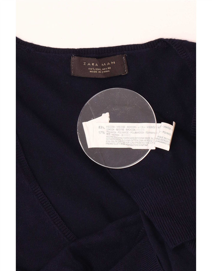 Zara Mens V-Neck Jumper Sweater Large Navy Blue Viscose