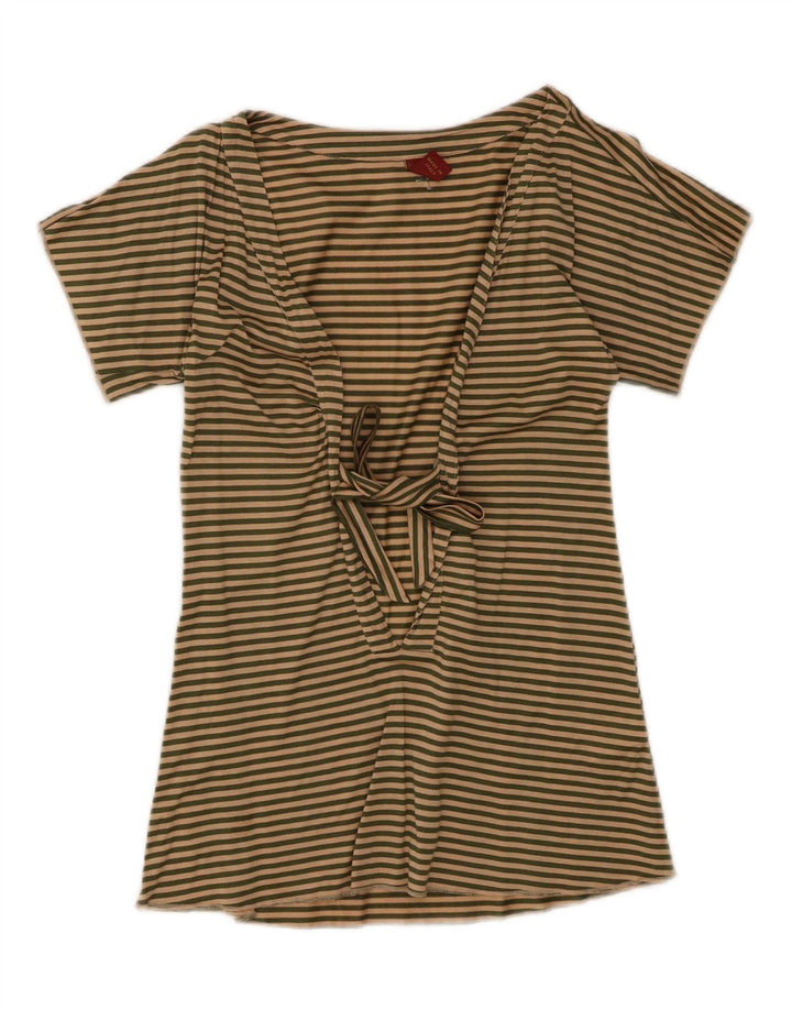 Dondup Womens Front Tie Blouse Top UK 10 Small Beige Striped Cotton