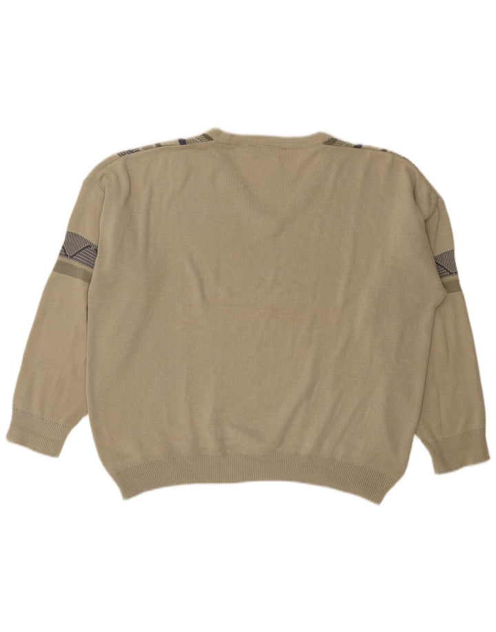 Farah Mens V-Neck Jumper Sweater Large Green Geometric Acrylic