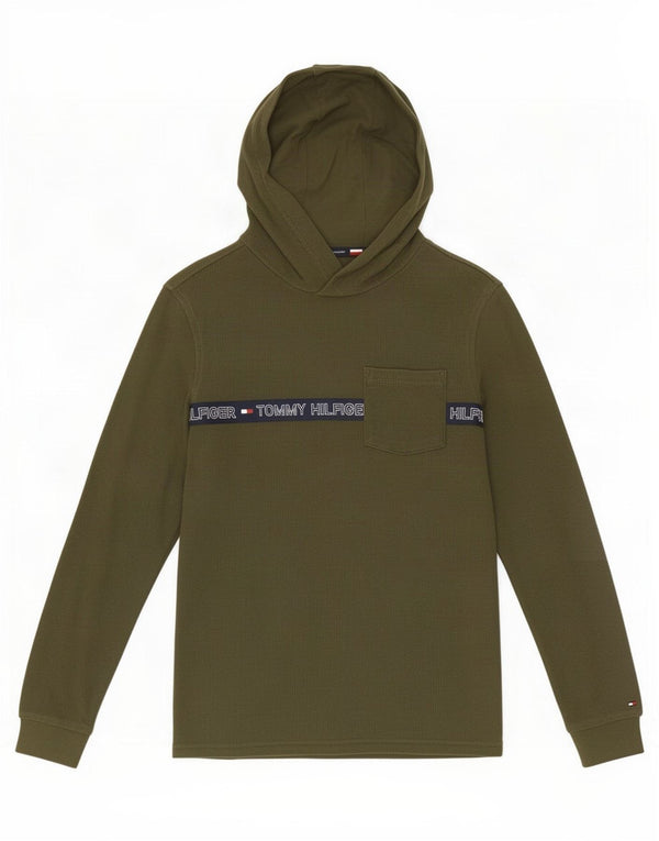 Tommy Hilfiger Boys Graphic Top Long Sleeve 13-14 Years Khaki Colourblock