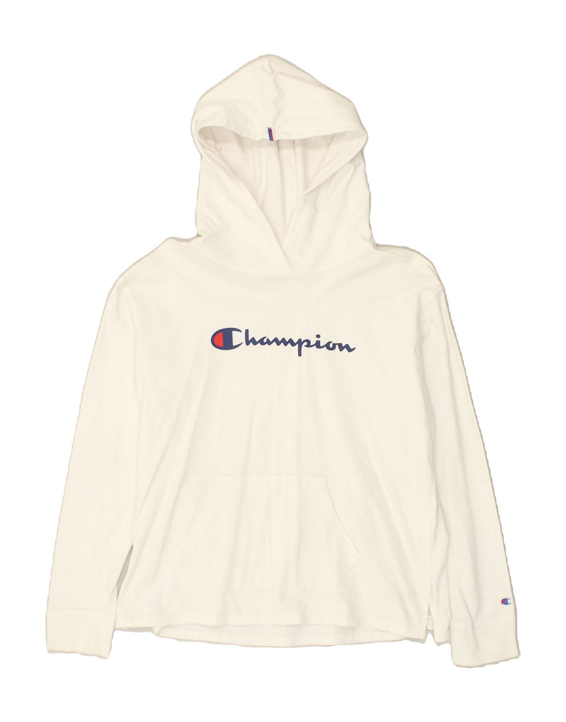 CHAMPION Mens Graphic Hoodie Jumper Small Off White Cotton | Vintage Champion | Thrift | Second-Hand Champion | Used Clothing | Messina Hembry 