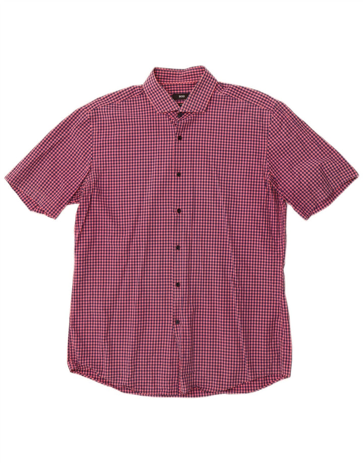 Hugo Boss Mens Short Sleeve Slim Fit Shirt Large Pink Gingham
