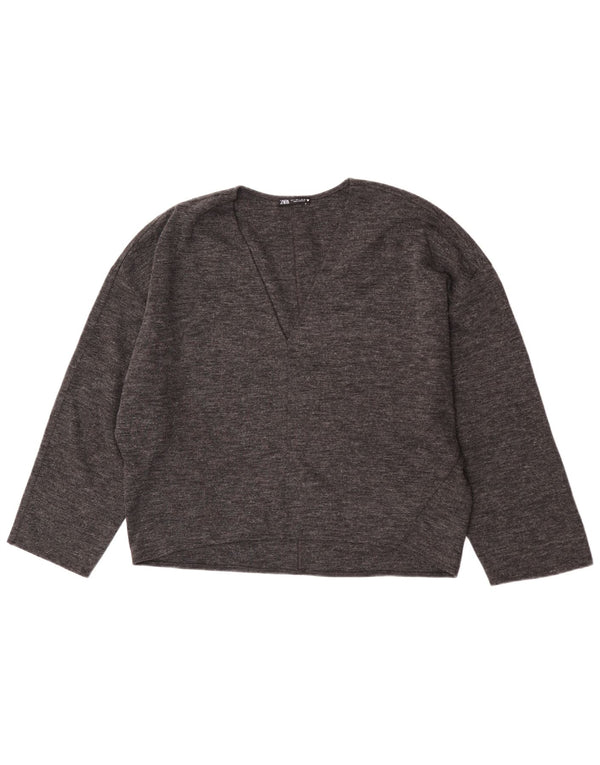 Zara Womens 3/4 Sleeve V-Neck Jumper Sweater UK 16 Large Grey Flecked