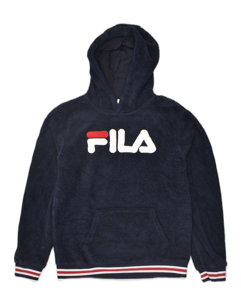 FILA Boys Graphic Fleece Hoodie Jumper 15-16 Years 2XL Navy Blue Polyester | Vintage Fila | Thrift | Second-Hand Fila | Used Clothing | Messina Hembry 