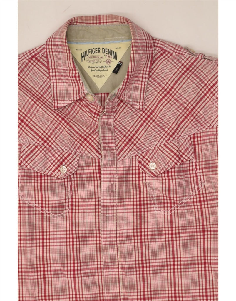 TOMMY HILFIGER Mens Military Short Sleeve Shirt Small Red Plaid Cotton | Vintage Tommy Hilfiger | Thrift | Second-Hand Tommy Hilfiger | Used Clothing | Messina Hembry 