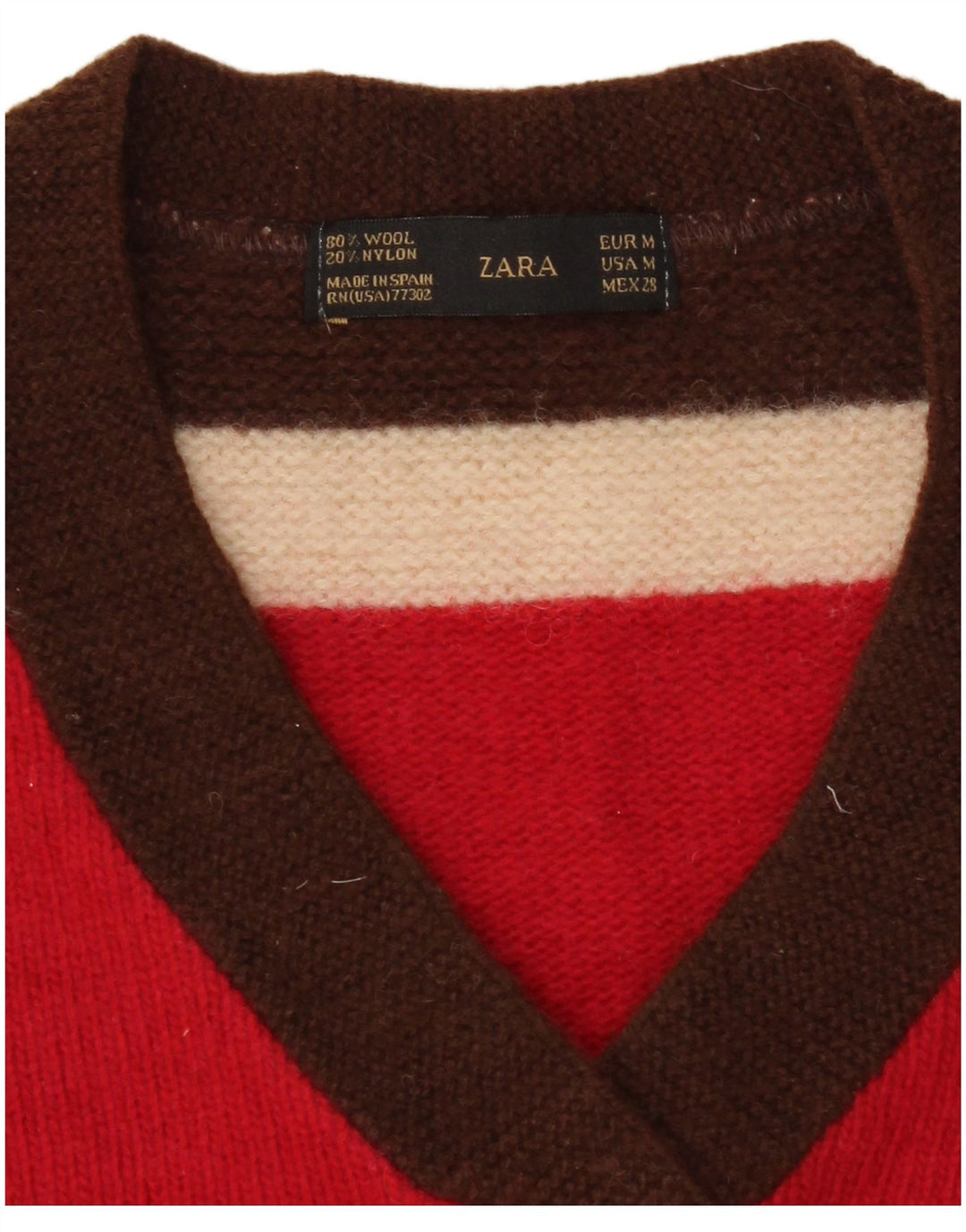 Zara Womens Crop V-Neck Jumper Sweater UK 12 Medium Red Striped Wool