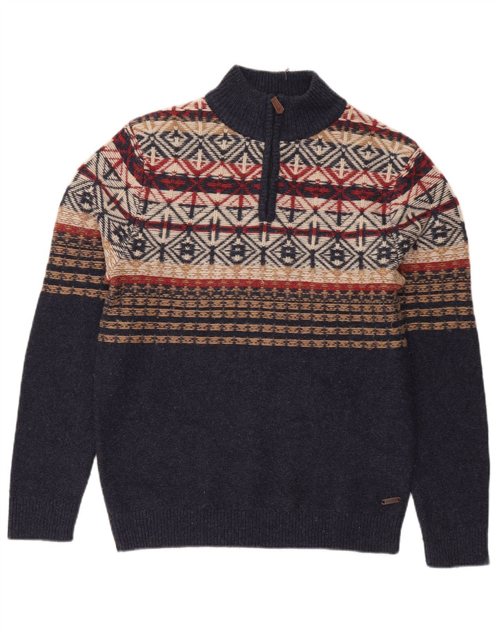 White Stuff Mens Zip Neck Jumper Sweater Small Navy Blue Fair Isle
