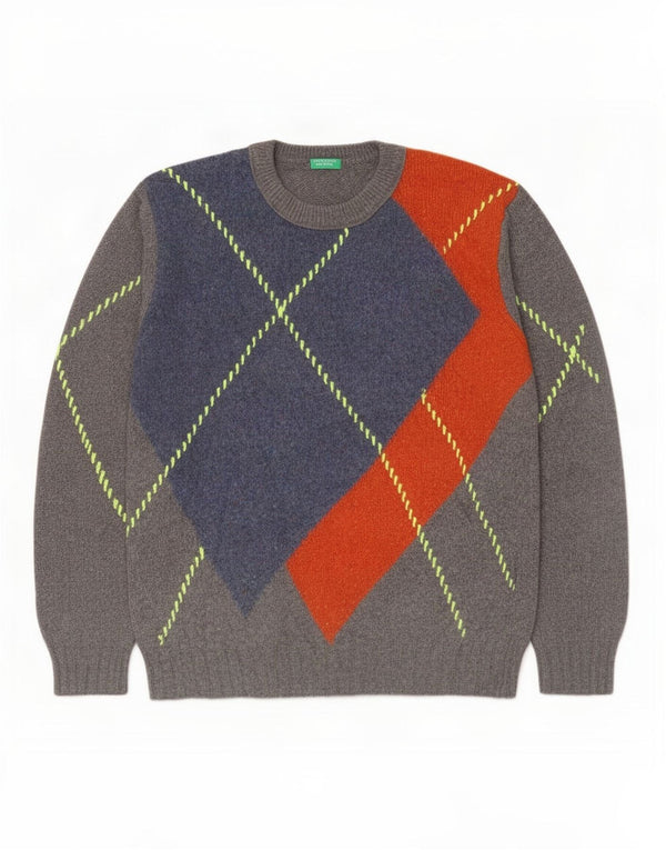 Benetton Mens Crew Neck Jumper Sweater Large Grey Colourblock Wool
