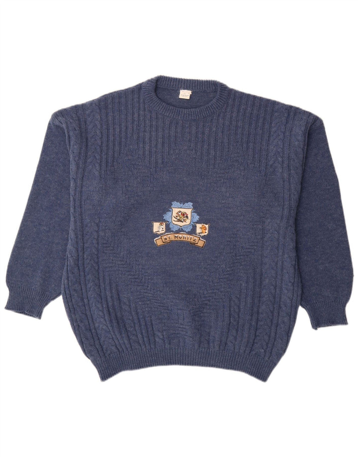 St Moritz Mens Graphic Crew Neck Jumper Sweater Large Blue Wool