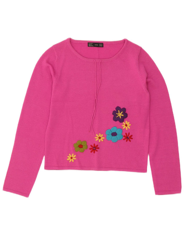 Zara Womens Crop Boat Neck Jumper Sweater UK 12 Medium Pink Floral Acrylic