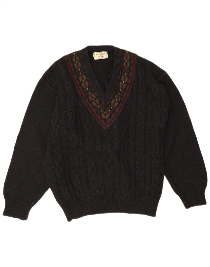 Malagrida Mens V-Neck Jumper Sweater Large Black Geometric