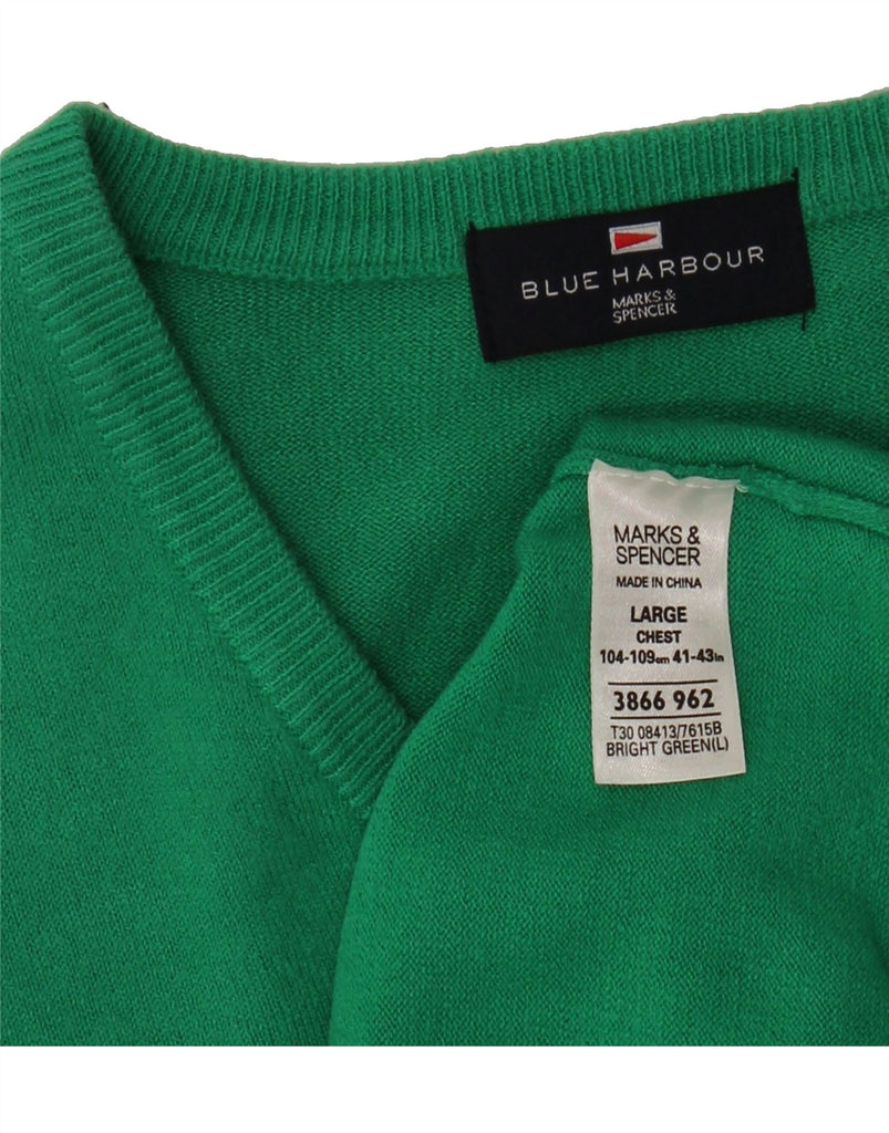 MARKS & SPENCER Mens Blue Harbour V-Neck Jumper Sweater Large Green Vintage Marks & Spencer and Second-Hand Marks & Spencer from Messina Hembry 