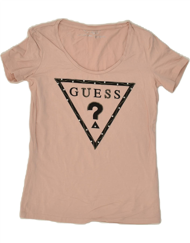 GUESS Womens Graphic T-Shirt Top UK 6 XS Beige Cotton | Vintage Guess | Thrift | Second-Hand Guess | Used Clothing | Messina Hembry 