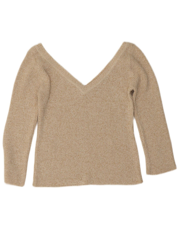 Zara Womens Crop 3/4 Sleeve V-Neck Jumper Sweater UK 14 Large Beige Flecked