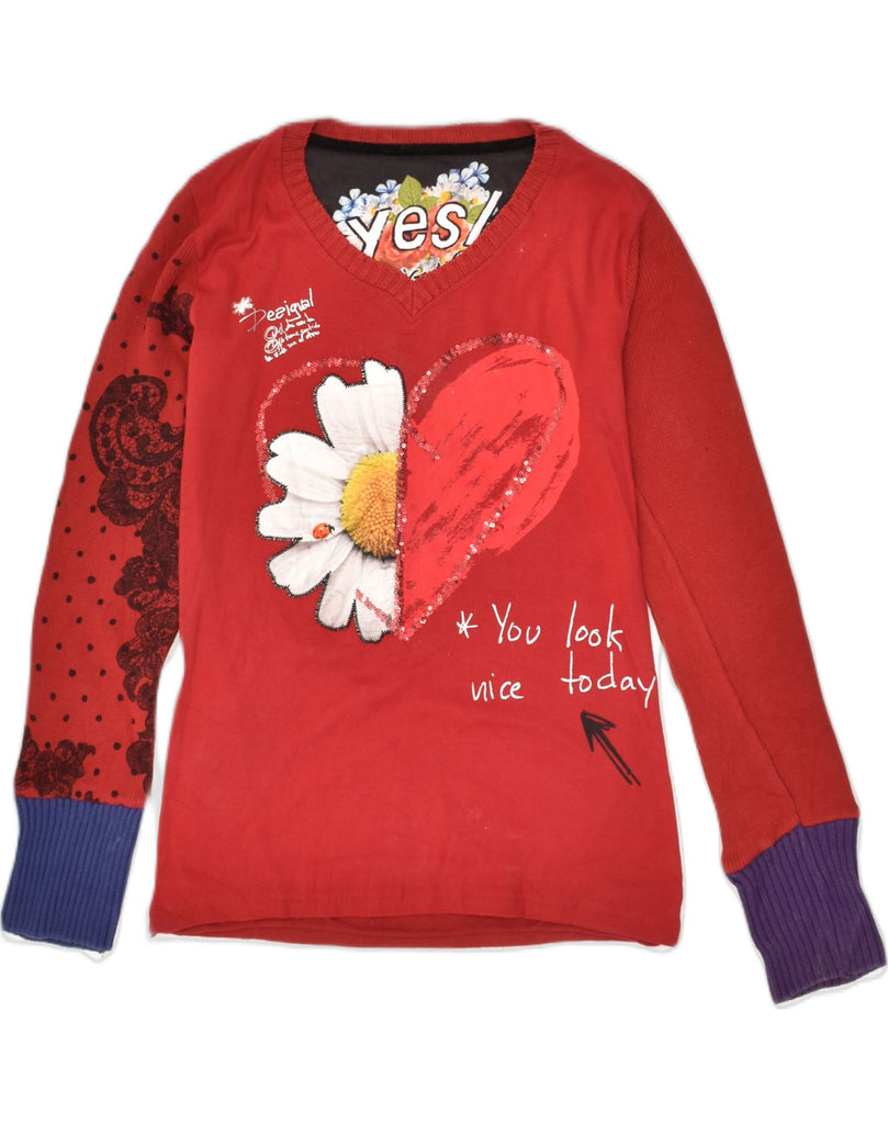 DESIGUAL Womens Graphic V-Neck Jumper Sweater UK 12 Medium Red Cotton | Vintage Desigual | Thrift | Second-Hand Desigual | Used Clothing | Messina Hembry 