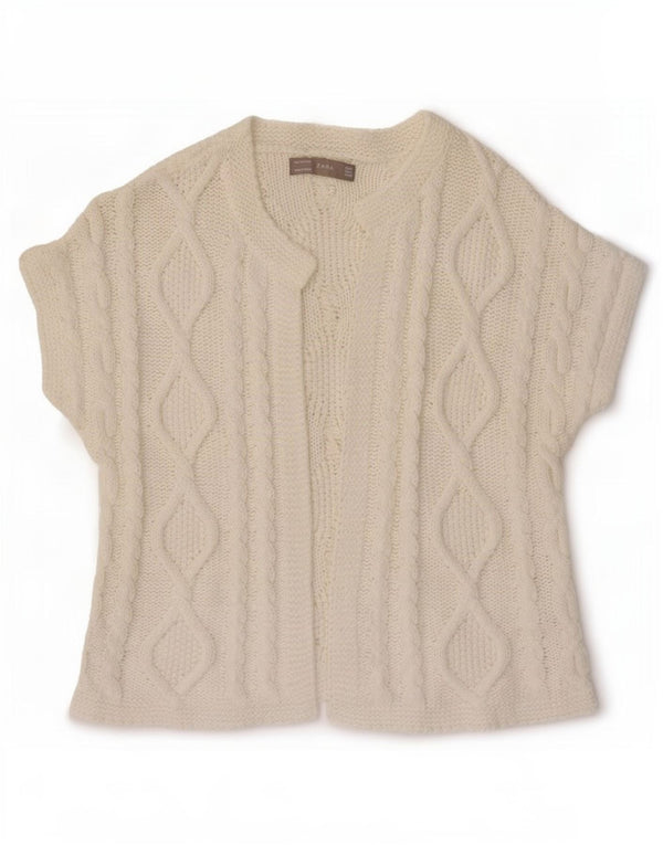 Zara Womens Short Sleeve Cardigan Sweater UK 14 Medium Off White Cotton