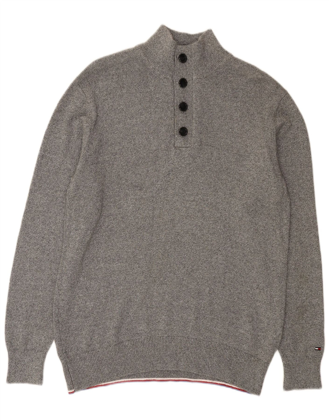 Tommy Hilfiger Mens Button Neck Jumper Sweater XL Grey Flecked Cotton