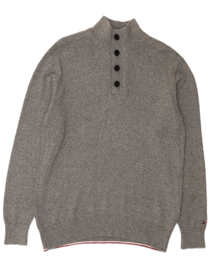 Tommy Hilfiger Mens Button Neck Jumper Sweater XL Grey Flecked Cotton