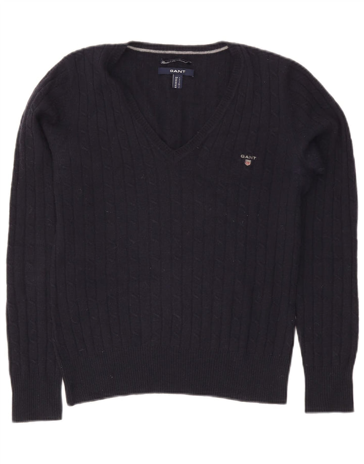 Gant Womens V-Neck Jumper Sweater UK 14 Large Navy Blue Wool