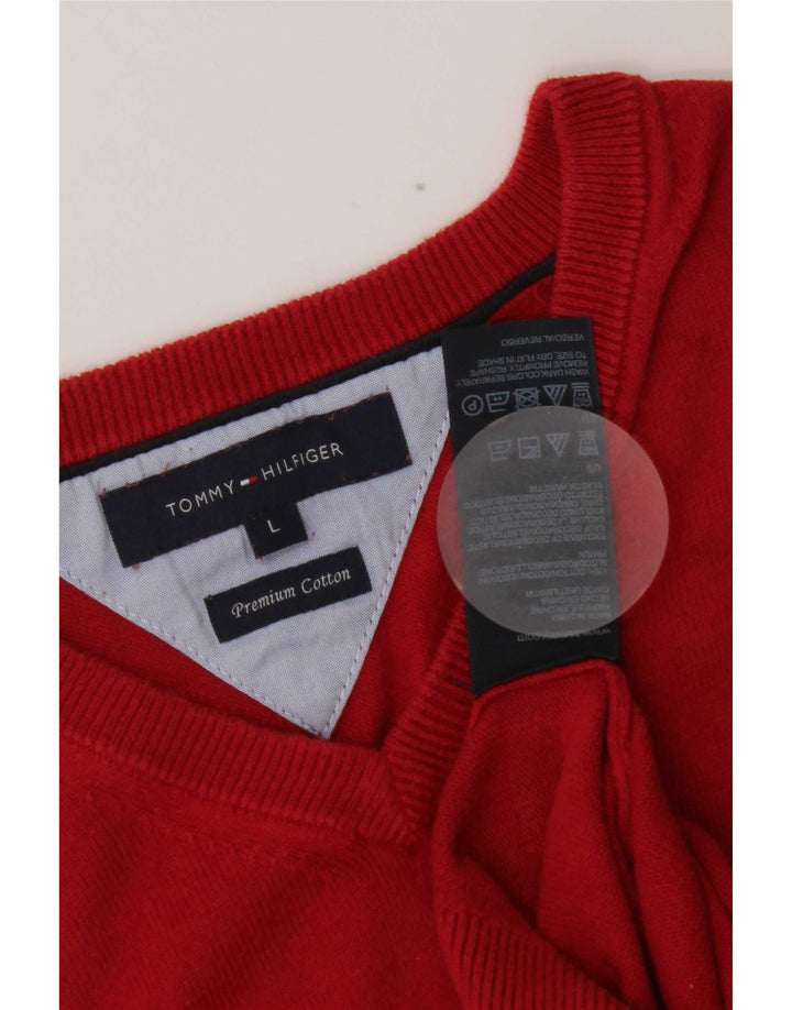 Tommy Hilfiger Mens V-Neck Jumper Sweater Large Red Cotton