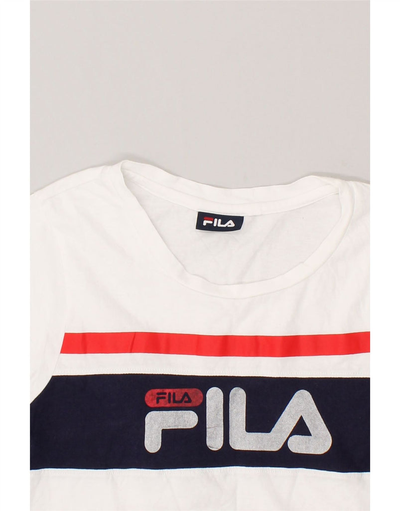 FILA Womens Graphic T-Shirt Top UK 12 Medium White Colourblock Cotton | Vintage Fila | Thrift | Second-Hand Fila | Used Clothing | Messina Hembry 