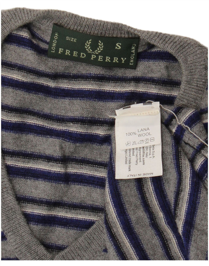 Fred Perry Mens V-Neck Jumper Sweater Small Grey Striped Wool