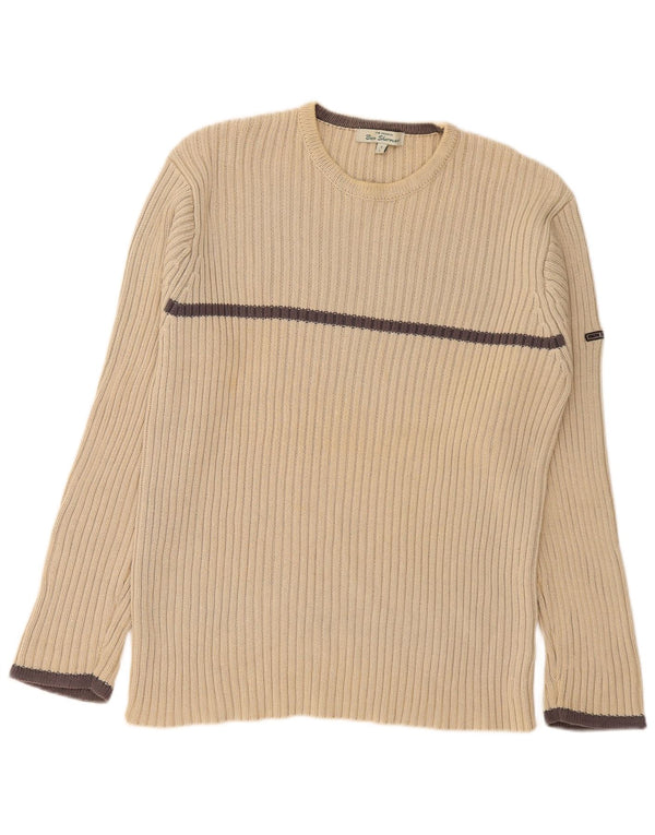 Ben Sherman Mens Slim Fit Crew Neck Jumper Sweater Large Beige Striped