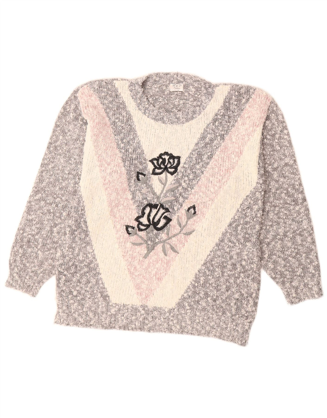 VINTAGE Womens Crew Neck Jumper Sweater UK 14 Medium Grey Colourblock