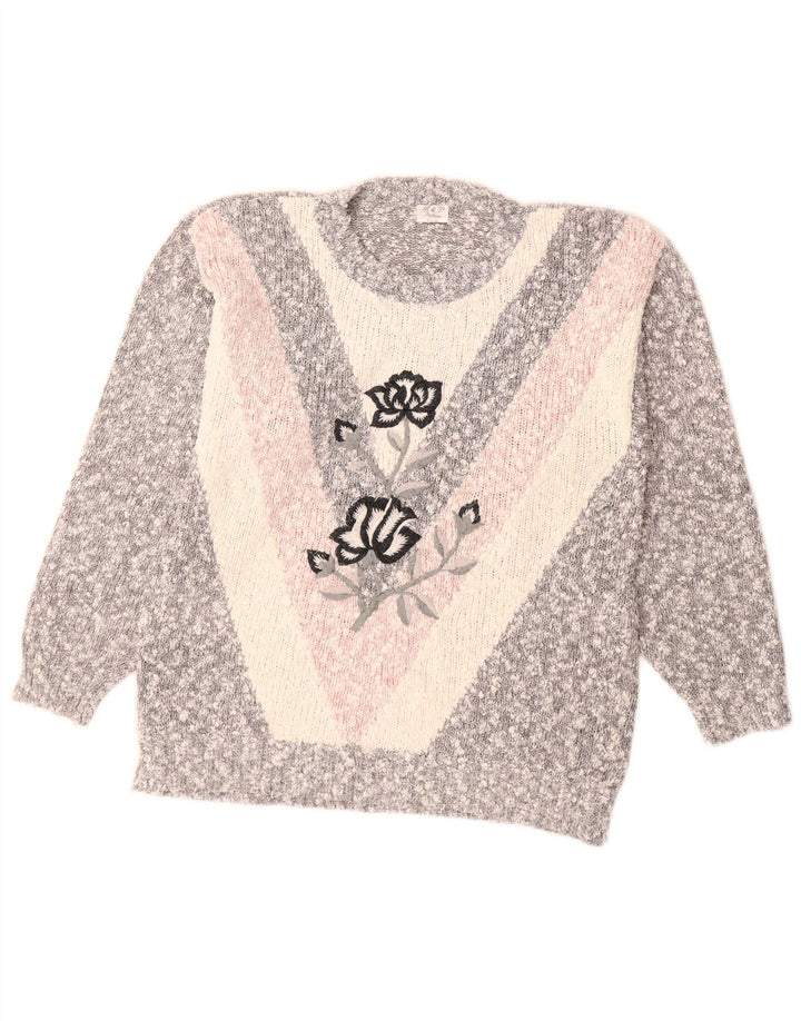 VINTAGE Womens Crew Neck Jumper Sweater UK 14 Medium Grey Colourblock