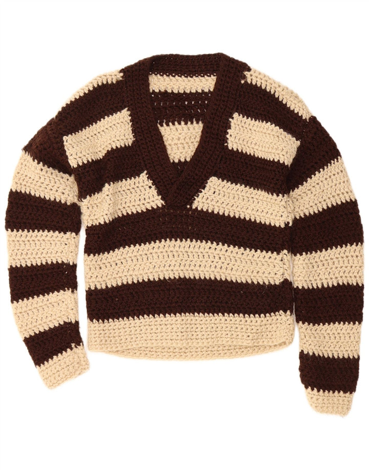 Vintage Womens V-Neck Jumper Sweater UK 12 Medium Brown Striped