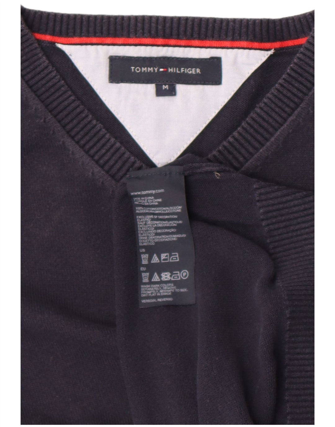 Tommy Hilfiger Mens V-Neck Jumper Sweater Medium Navy Blue Cotton