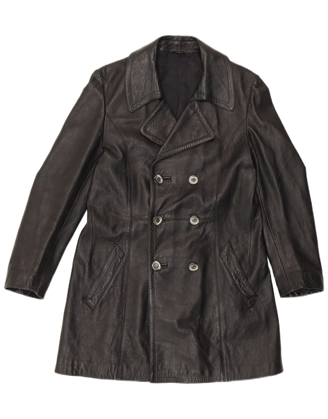 VINTAGE Womens Double Breasted Leather Coat UK 14 Medium Black