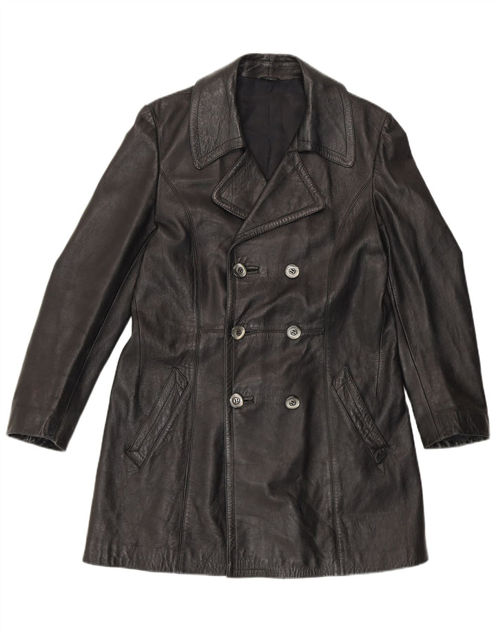 VINTAGE Womens Double Breasted Leather Coat UK 14 Medium Black