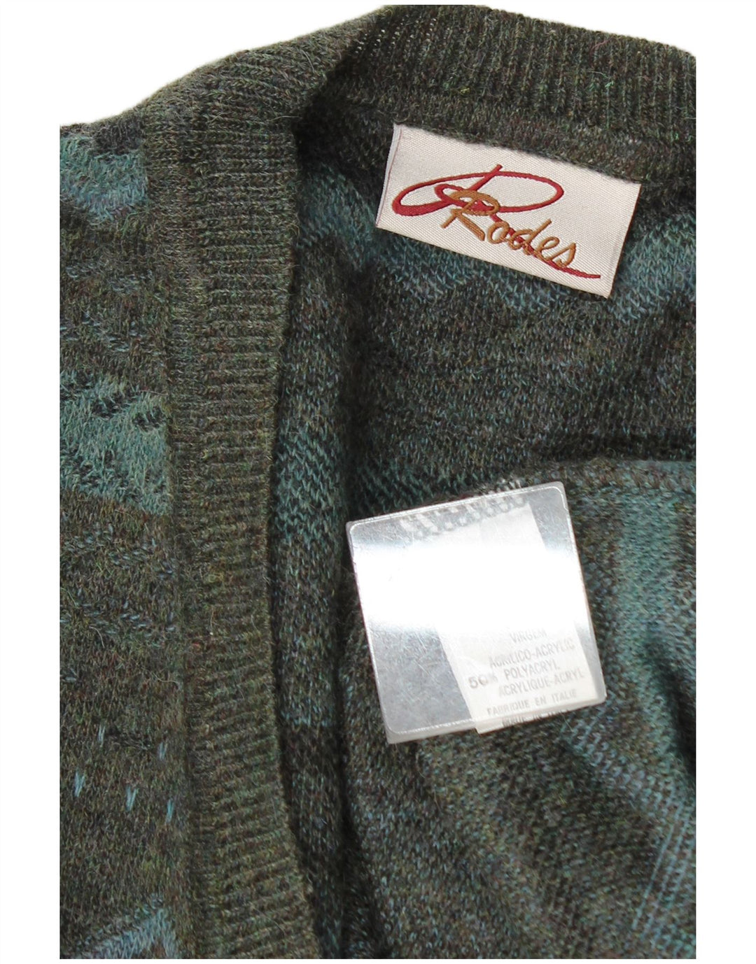 Rodes Mens V-Neck Jumper Sweater XL Green Geometric Wool