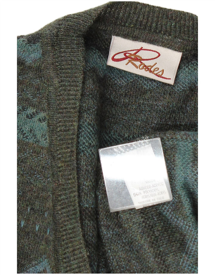 Rodes Mens V-Neck Jumper Sweater XL Green Geometric Wool