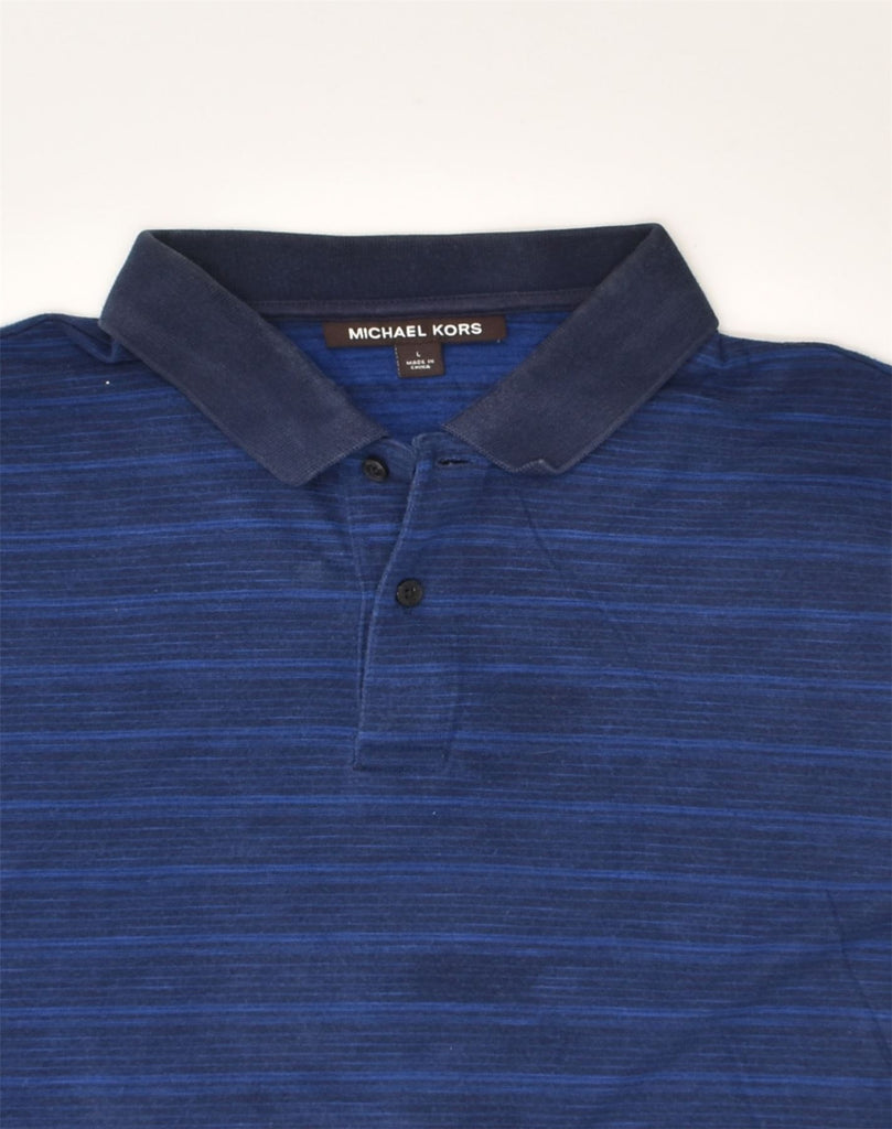 MICHAEL KORS Mens Polo Shirt Large Navy Blue Striped Cotton | Vintage Michael Kors | Thrift | Second-Hand Michael Kors | Used Clothing | Messina Hembry 