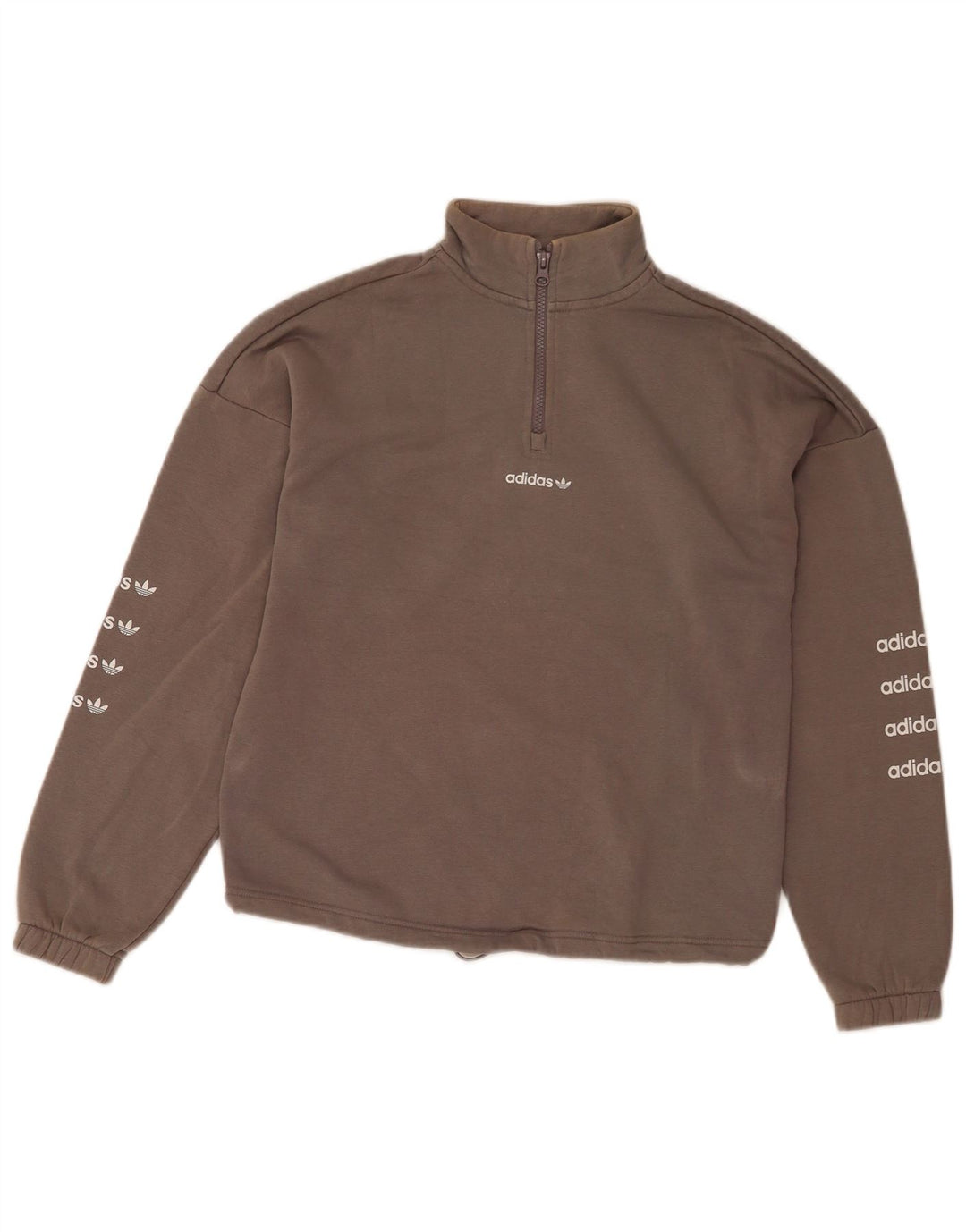 Adidas Womens Oversized Graphic Zip Neck Sweatshirt Jumper EU 36 Small Grey