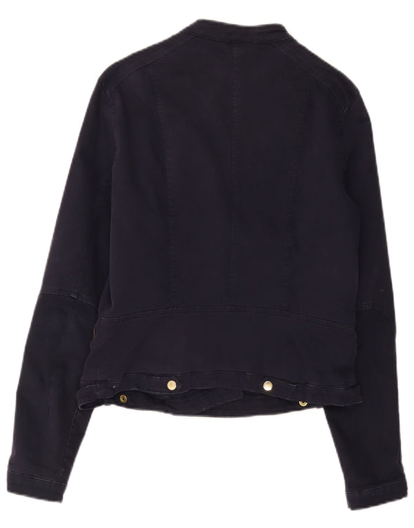 Zara Womens Crop Biker Jacket UK 14 Large Navy Blue Cotton