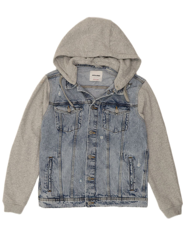 Jack & Jones Mens Hooded Denim Jacket UK 40 Large Blue Colourblock