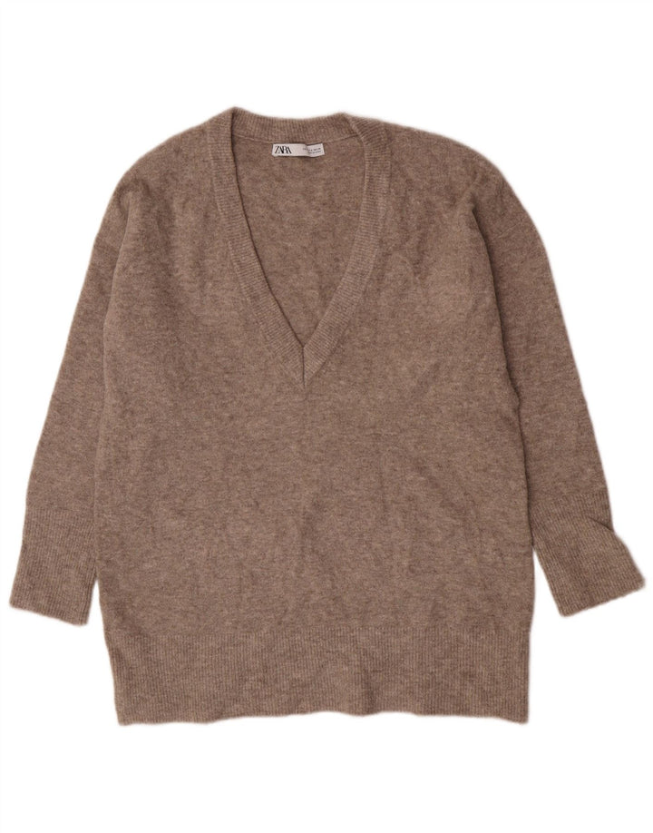 Zara Womens Oversized V-Neck Jumper Sweater UK 10 Small Brown Flecked