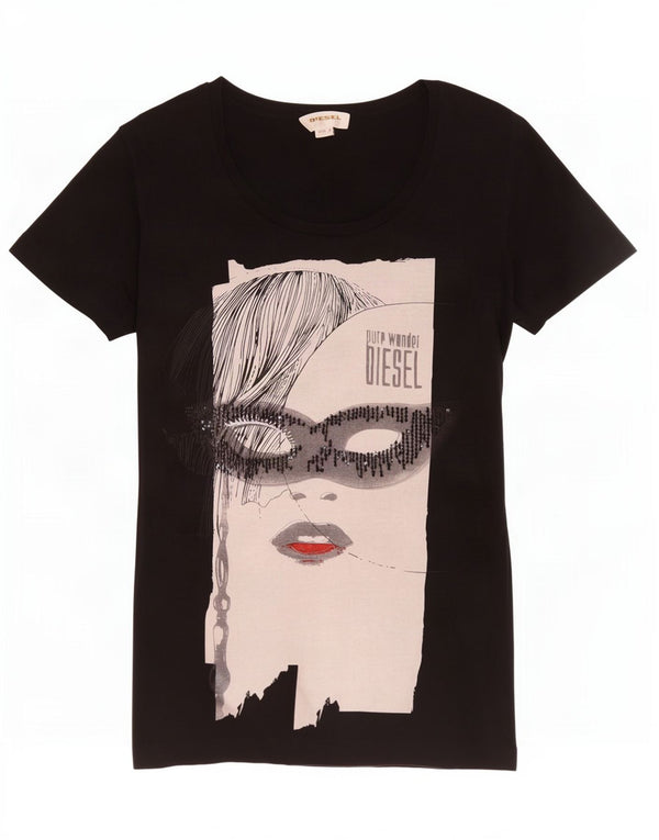 Diesel Womens Graphic T-Shirt Top UK 10 Small Black