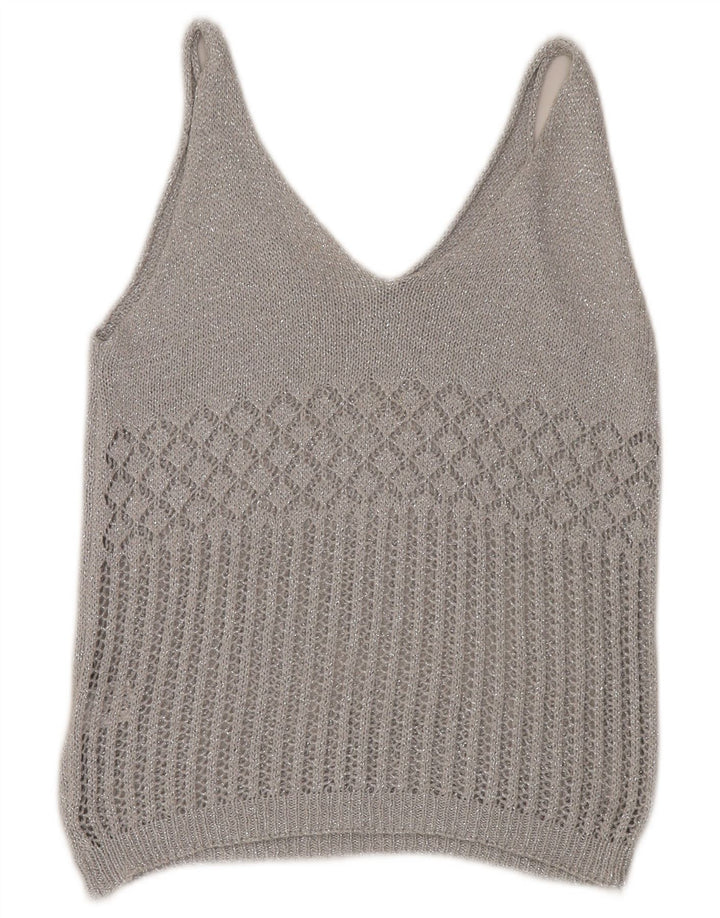 Vintage Womens Crochet Vest Tank Top UK 12 Medium Silver Acrylic